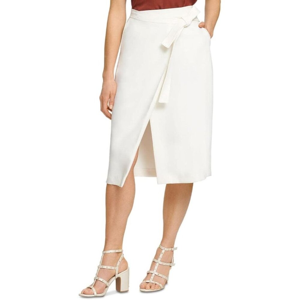 DKNY Womens Faux Wrap Work Wrap Skirt Pockets Ivory Size 8